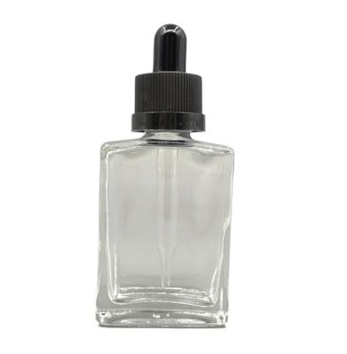 O cosmético de vidro do quadrado 30ml engarrafa o tampão sem perigo para as crianças do conta-gotas para o óleo dos cuidados capilares
